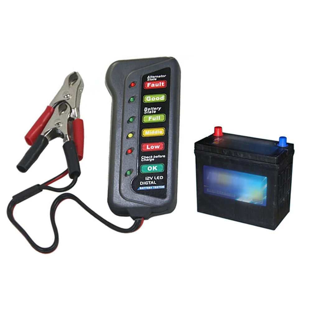 Battery tester next to a 12V battery