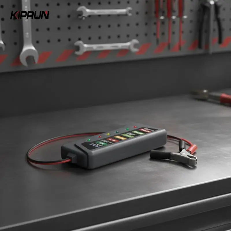 Battery tester on a garage workbench