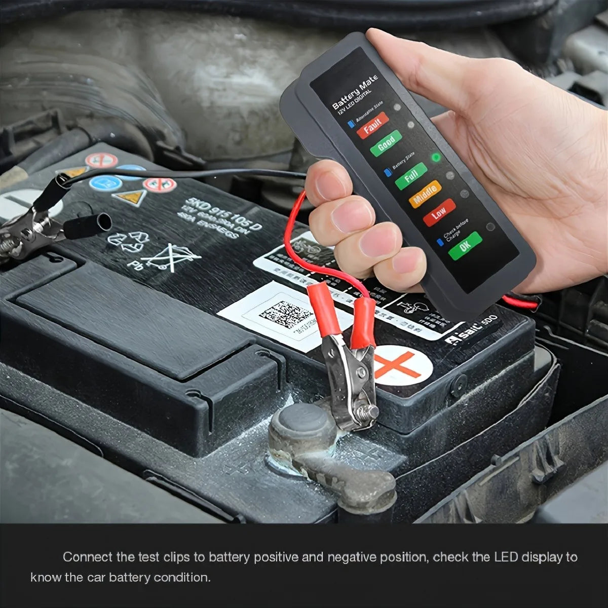 Testing a car battery in the engine bay
