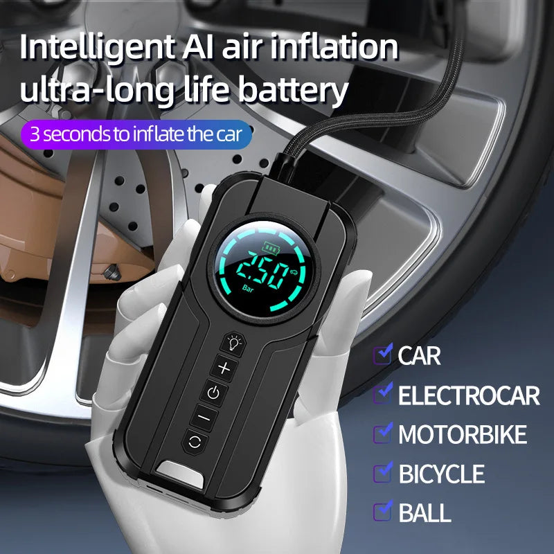 Tire inflator held next to a car