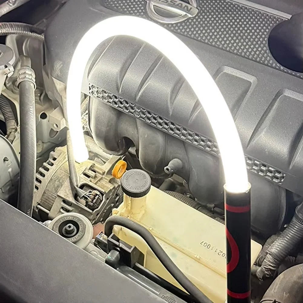 Flexible light bent into an engine bay
