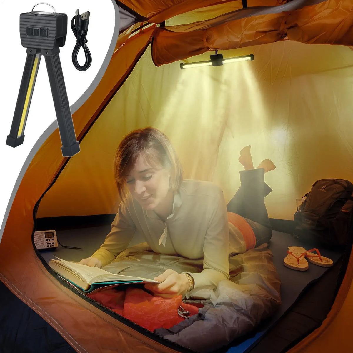 Work light hanging inside a tent