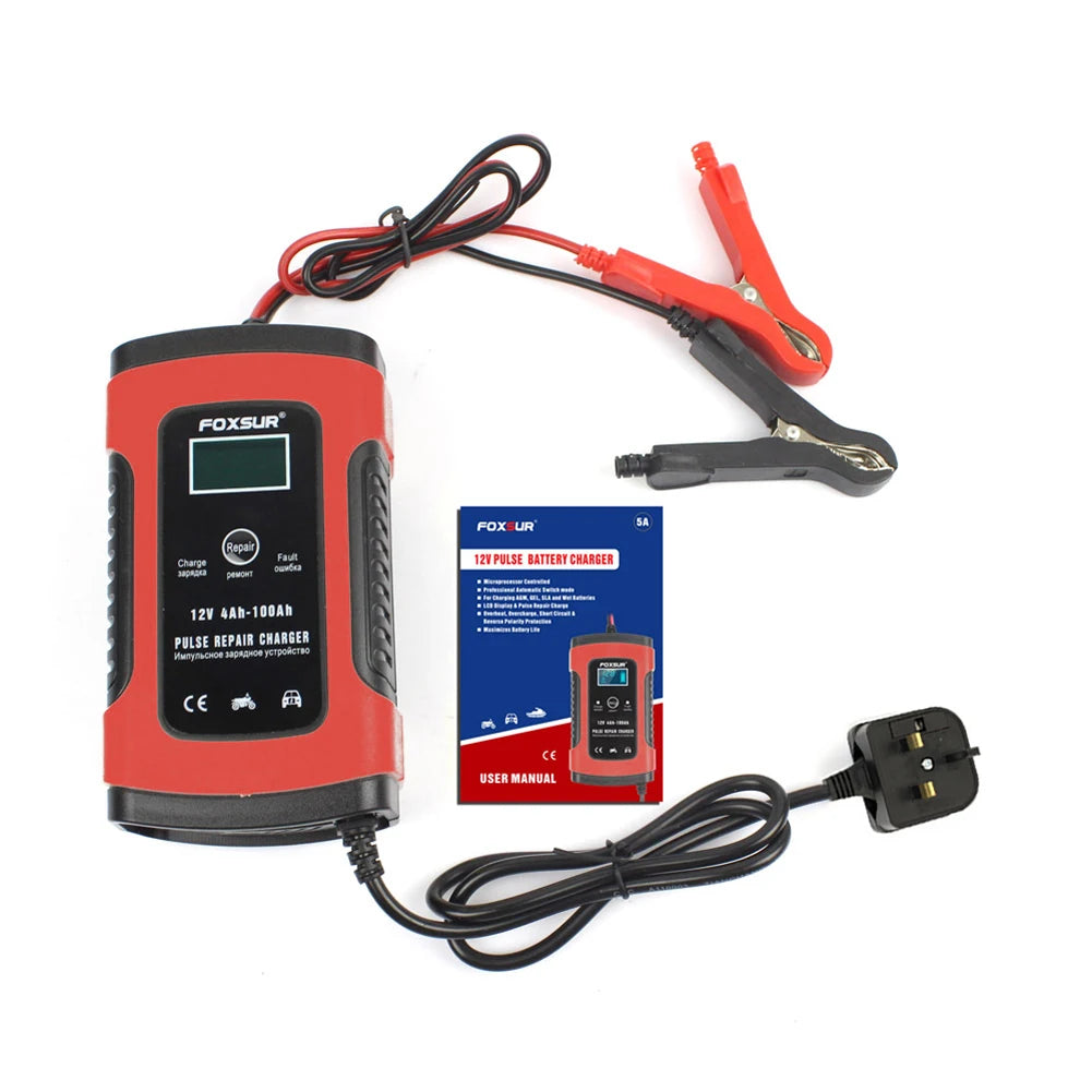 Battery charger with mains cable and clamps