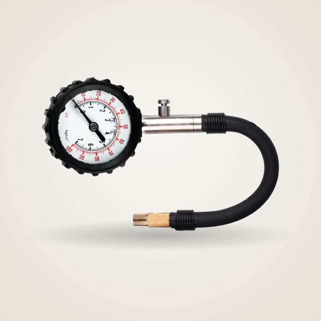 Tire pressure gauge with dial and hose