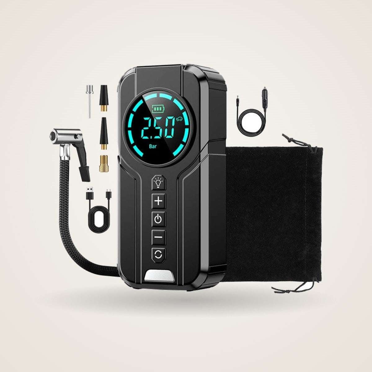 Portable tire inflator with digital display and accessories